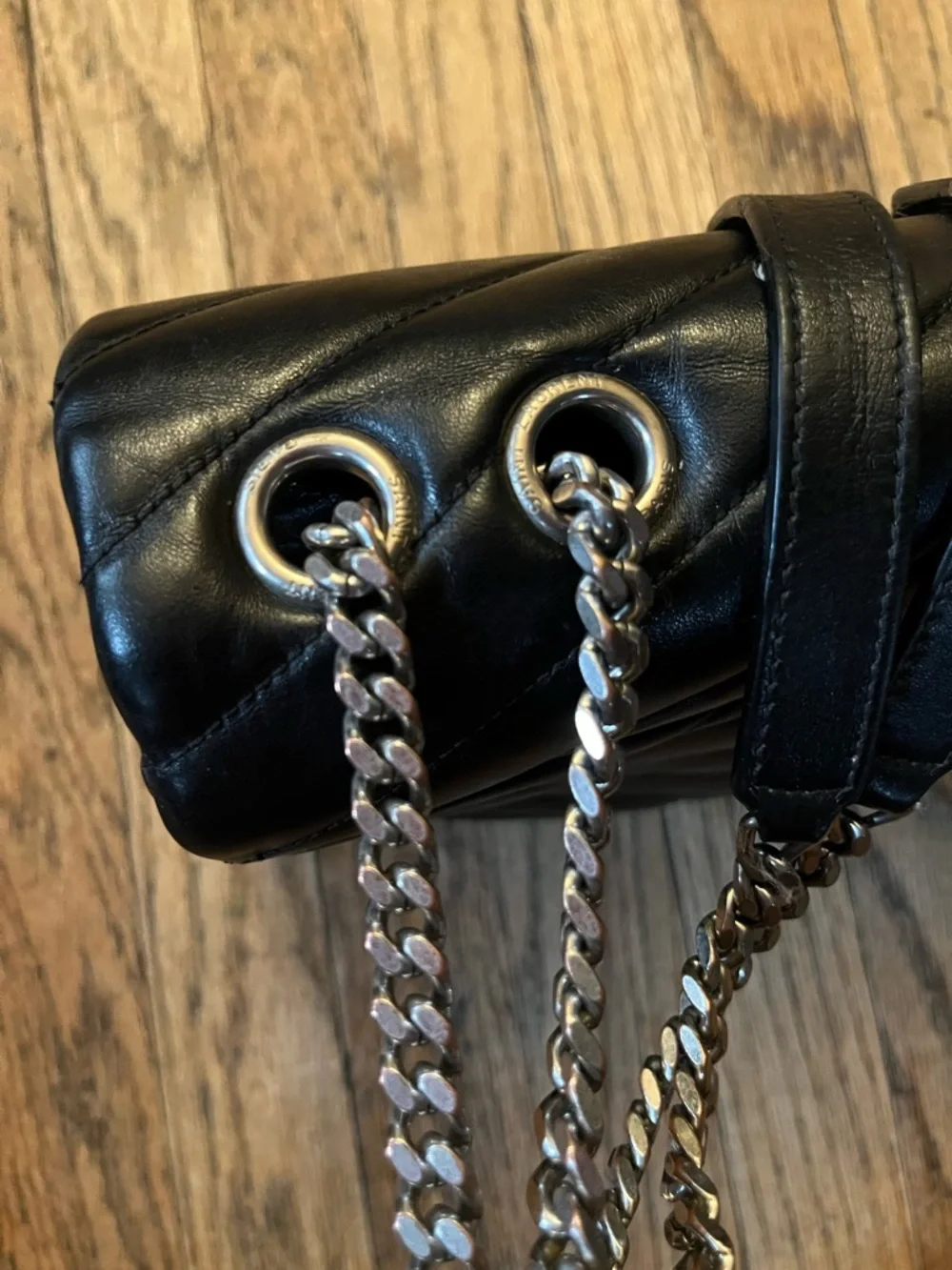 Saint Laurent Black Quilted Chevron Leather Shoulder Bag with Silver YSL Logo - Picture 4 of 8